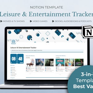Op de afbeelding: Een laptopscherm dat een Notion-sjabloon voor een vrijetijds- en entertainmenttracker weergeeft. Het sjabloon bevat secties voor films en tv-programma's, videogames en boeken, luisterboeken en podcasts. Het scherm toont ook een timer met de nummers 08 en 48. De laptop staat op een lichtblauwe achtergrond met een blauw-wit grafisch patroon. De tekst "3-in-1 sjabloon Beste waarde!" staat in een turquoise cirkel in de rechterbenedenhoek van de afbeelding.