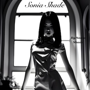 Könnte beinhalten: Schwarzweißfoto einer Frau in einem weißen Kleid und schwarzen Strümpfen, die vor einem Fenster steht. Der Text "My Daddy Teacher and Me" steht unter dem Bild. Der Text "By Sonia Shade" steht in der oberen rechten Ecke des Bildes.