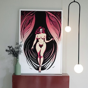 May include: A framed illustration of a woman in a black and pink abstract design. The woman is standing with her arms at her sides and is wearing a black and red lingerie set. The illustration is set against a white background.