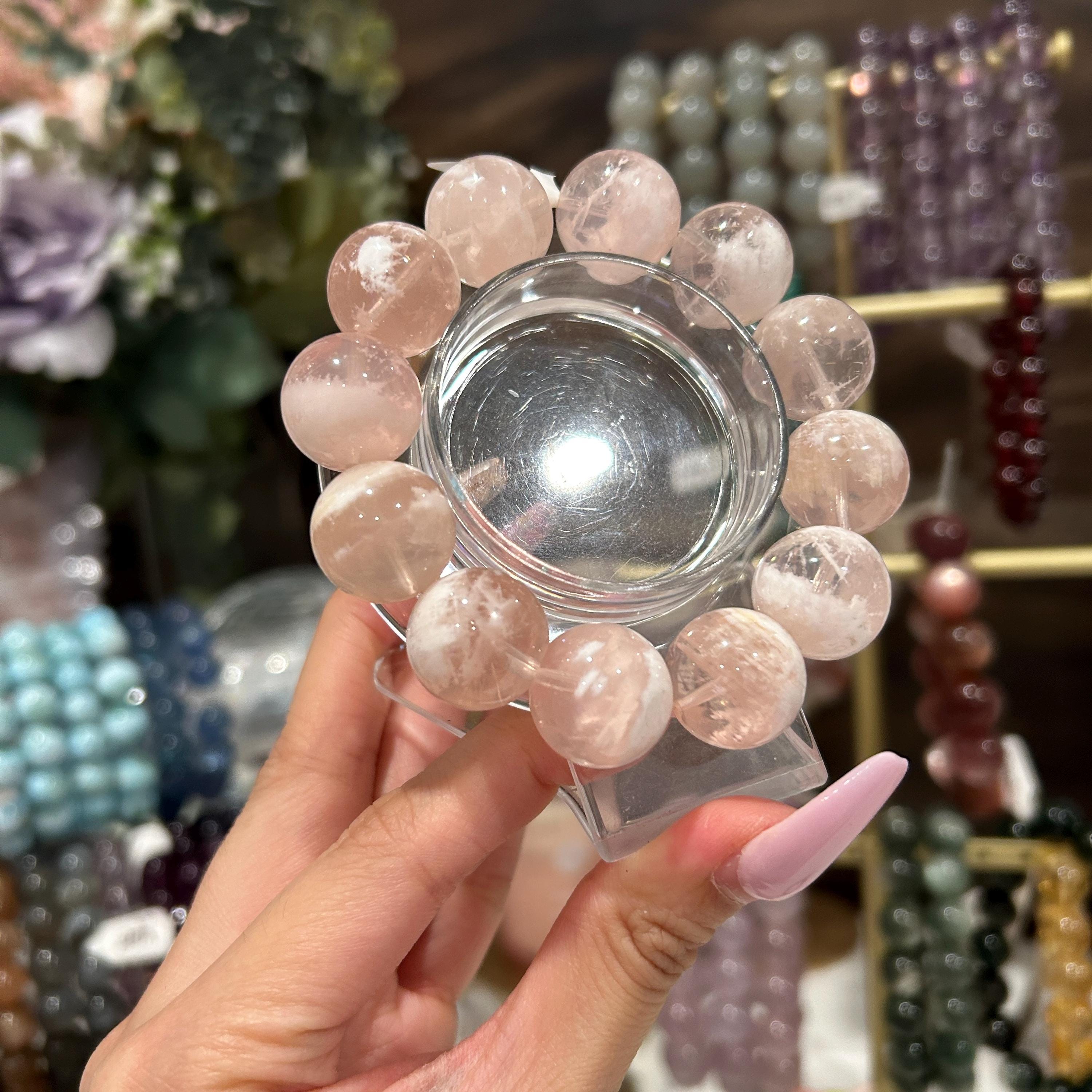 17MM STUNNING RARE one of a kind snow flake phantom rose quartz bracelet, birthday gift