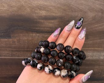 11MM Black Flower Agate Bracelet, Natural Stone