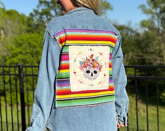 One of a kind, exquisitely detailed,hand embroidered Flowering Skull denim shirt,size medium