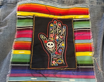 Hand-Embroidered Palmistry Denim Shirt with Turquoise Fringe, medium