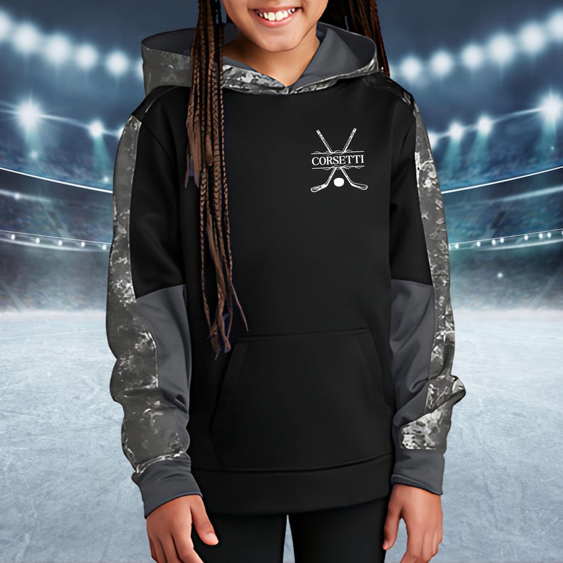 Kids Custom Hockey Sweatshirt, Youth Hockey Hoodie, Personalized Team Sweatshirt, Hockey Team Gift, Gift for Son, Kids Hockey Gift Black