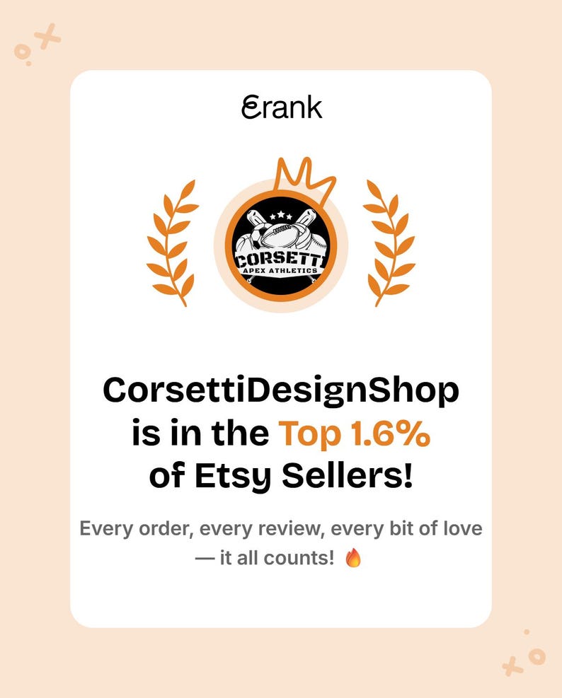 The image is a screenshot of a social media post from CorsettiDesignShop, which is in the top 1.6% of Etsy sellers. The post highlights the shop's success and mentions that every order, every review, and every bit of love counts.