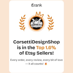 The image is a screenshot of a social media post from CorsettiDesignShop, which is in the top 1.6% of Etsy sellers. The post highlights the shop's success and mentions that every order, every review, and every bit of love counts.