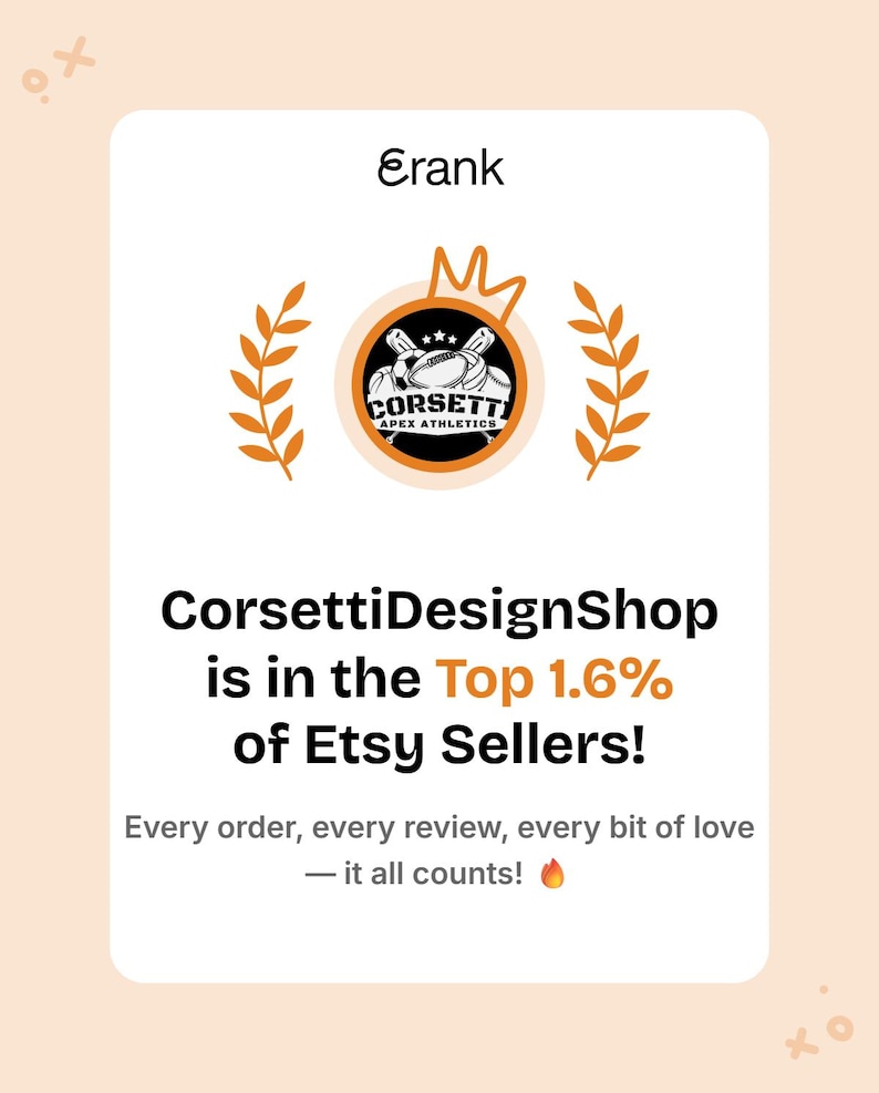 The image is a screenshot of a social media post from CorsettiDesignShop, which is in the top 1.6% of Etsy sellers. The post highlights the shop's success and mentions that every order, every review, and every bit of love counts.