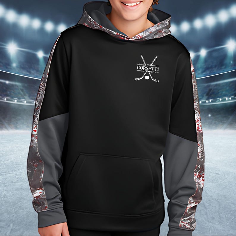 Kids Custom Hockey Sweatshirt, Youth Hockey Hoodie, Personalized Team Sweatshirt, Hockey Team Gift, Gift for Son, Kids Hockey Gift Deep Red