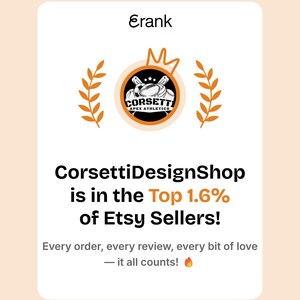 The image is a screenshot of a social media post from CorsettiDesignShop, which is in the top 1.6% of Etsy sellers. The post highlights the shop's success and mentions that every order, every review, and every bit of love counts.