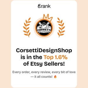 The image is a screenshot of a social media post from CorsettiDesignShop, which is in the top 1.6% of Etsy sellers. The post highlights the shop's success and mentions that every order, every review, and every bit of love counts.