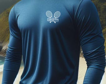 カスタム長袖テニスシャツ、パーソナライズテニスTシャツ、ドライフィットカスタマイズTシャツ、テニスプレーヤー、テニスチーム、テニスコーチへのギフト