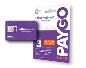 Ultra Mobile PayGo Sim Card 3.00 Mo - Includes 100 minutes, 100 texts, 100Mbs Data.  First month free after activation.
