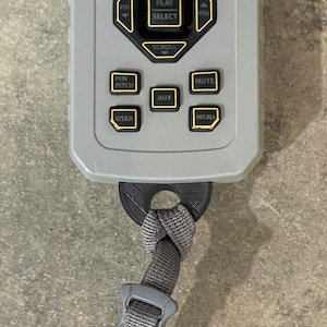 May include: A gray remote control with a variety of buttons, including play, select, scroll, fox pitch, mute, aux, user, and recall. The remote has a black strap attached to it.