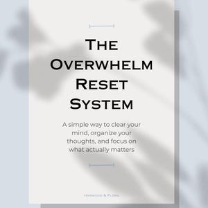 May include: A white rectangular card with the text "THE OVERWHELM RESET SYSTEM" in bold black font. Below, smaller text reads "A simple way to clear your mind, organize your thoughts, and focus on what actually matters." The card is against a light blue background.