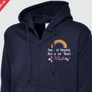 Rainbow Embroidered Zip Up Hoodie, Custom Name Healthcare Worker Staff Nurse Doctor Hospital Uniform, Hospital/Area/Department Hooded Jumper