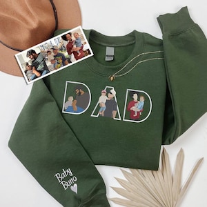 Dad Portrait Embroidered Sweatshirt, Personalised Sketch from Picture Sweater, Custom Kids Names on Sleeve Jumper, Memorial Gifts for Dad