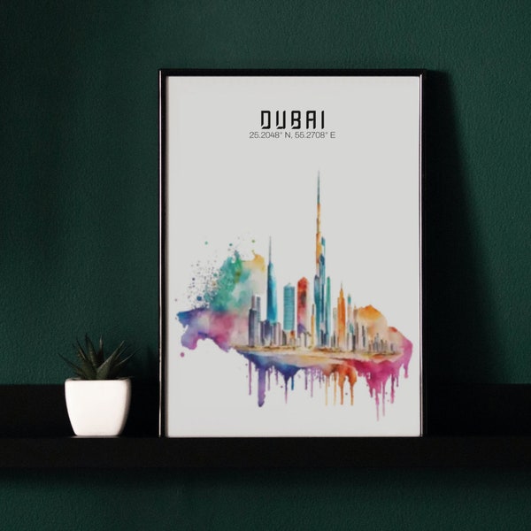 Dubai Skyline Wall Art | Watercolors Skyline Poster | Dubai City Print | Skyline Home Decor | Dubai Souvenir | Digital Download| Travel Gift