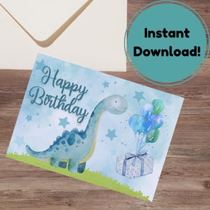 Carte de joyeux anniversaire dinosaure - dinosaure imprimable avec ballons, cadeau - tailles A6 et 7 pouces - téléchargement immédiat | DIY Carte pliable pour enfants PDF