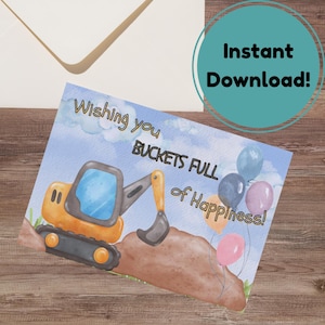 Carte d'anniversaire Digger pour enfants - carte jaune imprimable pelle - thème de la construction - téléchargement immédiat - carte pliable bricolage - A6 et 7 pouces