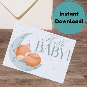 Bonjour bébé renard carte de félicitations - carte imprimable nouveau bébé pliable - thème animaux de la forêt - téléchargement numérique instantané - baby shower bricolage