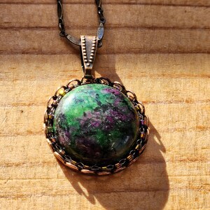 Green and Purple Beaded Pendant.  Beaded Ruby Zoisite Necklace