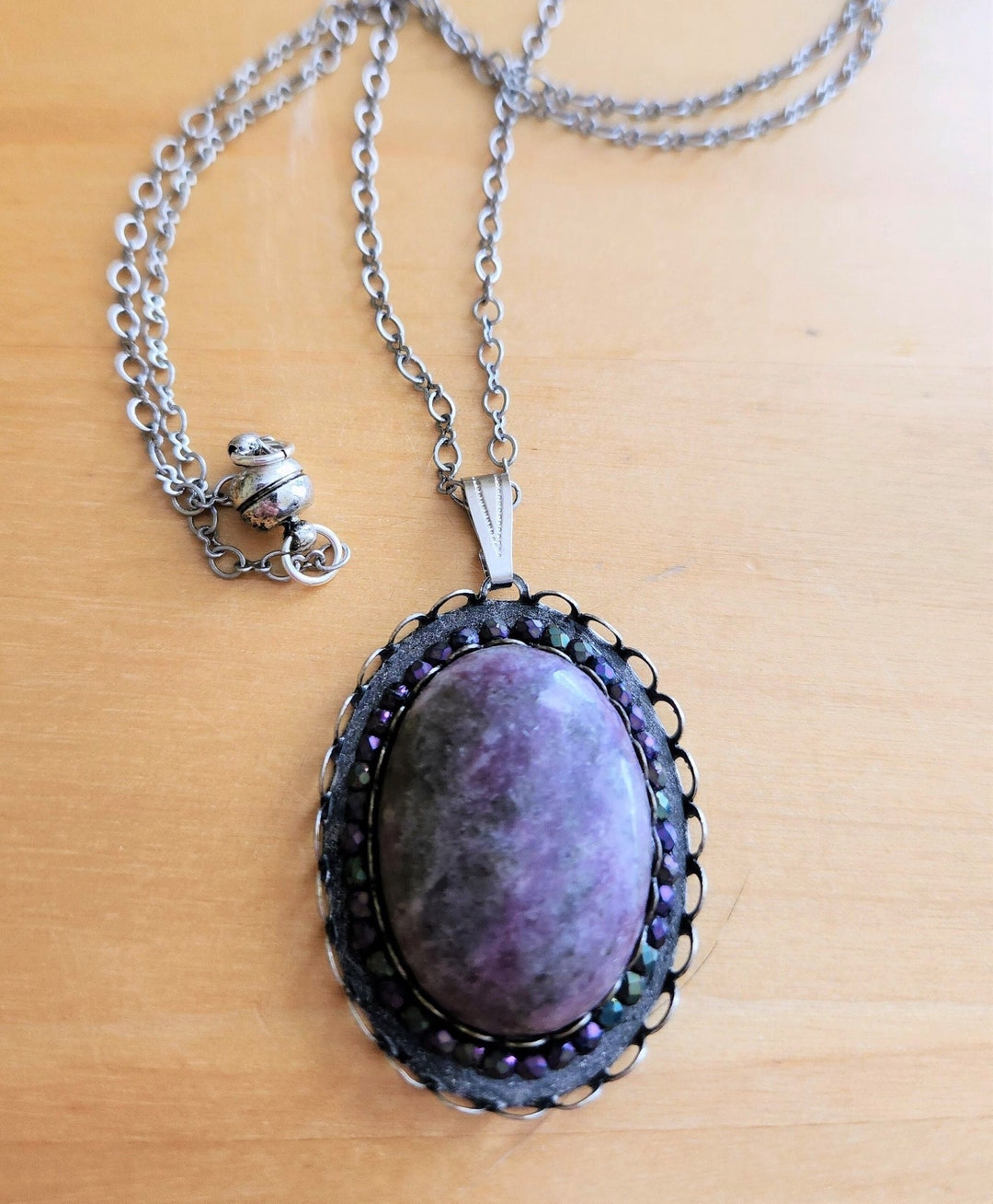 Beaded Purple Semi Precious Stone Pendant. Lavender Gem Necklace With