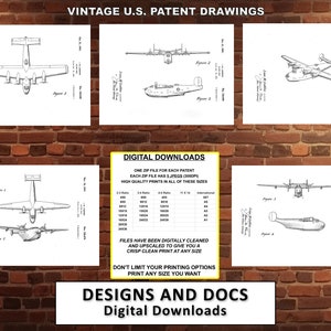 5 dibujos de patentes de aviones antiguos: hidroavión 2, descarga digital, imagen ampliada, arte de aviones, máquina voladora, regalo para piloto