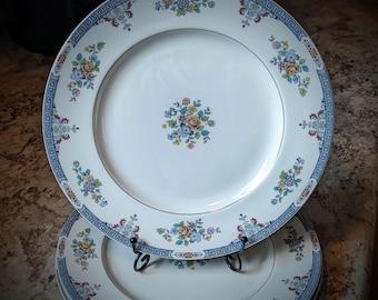 Royal Doulton COTSWOLD Dinner Plates with Steel Blue or Gray Geometric Outer Border and Floral Blue and Pink Decoration ~ Set of 4
