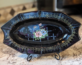 Bandeja de cerámica negra esmaltada en negro ~ Plato rectangular para baratijas pintado a mano ~ Hecho en Japón