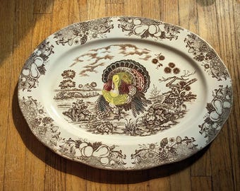 Vintage Brown Transfer Ware Thanksgiving Turkey Platter with Countryside Background - Made in Japan
