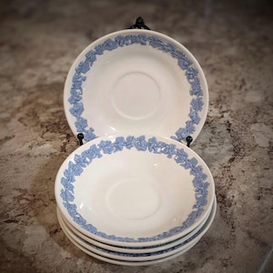 Wedgwood of Etruria & Barlaston Embossed Queensware Lavendar on Cream Tea Saucer ~ Set of 5