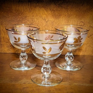 Libbey Mid Century Gold Leaf or Golden Foliage Frosted Champagne Stemware or Sherbet Glass ~ Set of 3