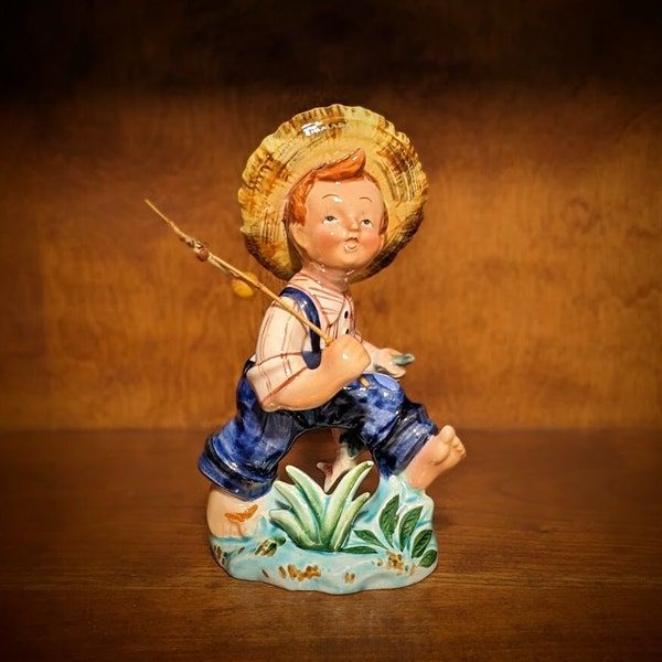 Rare 1940s Lefton Boy Gone Fishing Porcelain Figurine with Original Fishing Pole