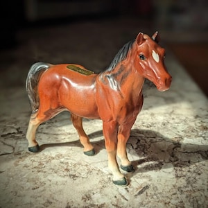 Vintage Porcelain Horse with Brown Coat and Black Mane and Tail - Souvenier of Fort Dix sticker ~ Made in Japan