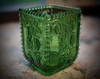 EAPG U.S. Glass Company Beaded Grape Green Glass Toothpick or Match Holder