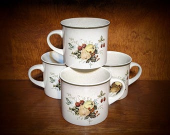 Royal Dalton Lambethware CORNWALL Teacups or Small Mugs -Speckled Cream or Beige with Green Trim and Harvest Fruit Decoration ~ Set of 4
