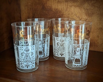 Anchor Hocking Butterprint Pennsylvania Dutch 10 oz Juice Drink Glasses with Image of Farmer and Wife, Horse and Buggy ~ Set of 4