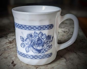 Arcopal France Milk Glass Coffee Tea Cup Mug with Blue Rose Bud on White Decoration