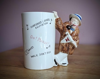 Vintage 1950s "Roaring 20's" Harvard Loves Princeton ~ Oh! Margy ~ Walk Don't Run ~ Ceramic collectors Mug with College Boy in Racoon Coat
