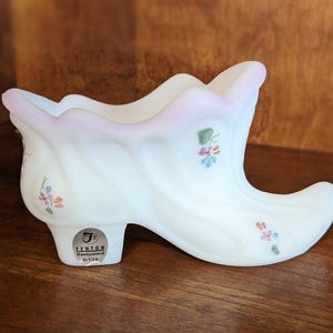 Fenton Hand Painted and Artist Signed White Frosted Glass Boot or Slipper with Floral Design and Blush Pink Edging