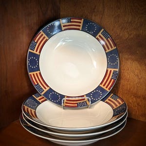Coventry Genuine Stoneware &quot;LIBERTY&quot; Wide Rimmed Large Soup and Salad Bowls with Patriotic 13 Stars and Colonial Flag Decoration ~ Set of 4