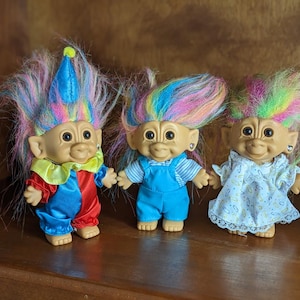 Vintage Bright of America Rainbow Troll Dolls including Clown Troll, Girl in Nightgown Troll and Troll in Blue Overalls ~ Group of 3