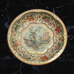Vintage Daher Decorated Ware 1971 Made in England Floral Tin or Aluminum Bowl with Center Country Scene Sail Boats and Greek Garden