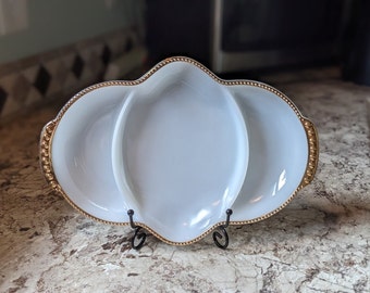 Fire King Divided Gold Beaded Edge Milk Glass Serving Dish