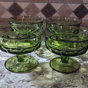 Indiana Glass King&#39;s Crown Forest Green Thumbprint Footed Sherbet Dishes or Dessert Glasses ~ Set of 4
