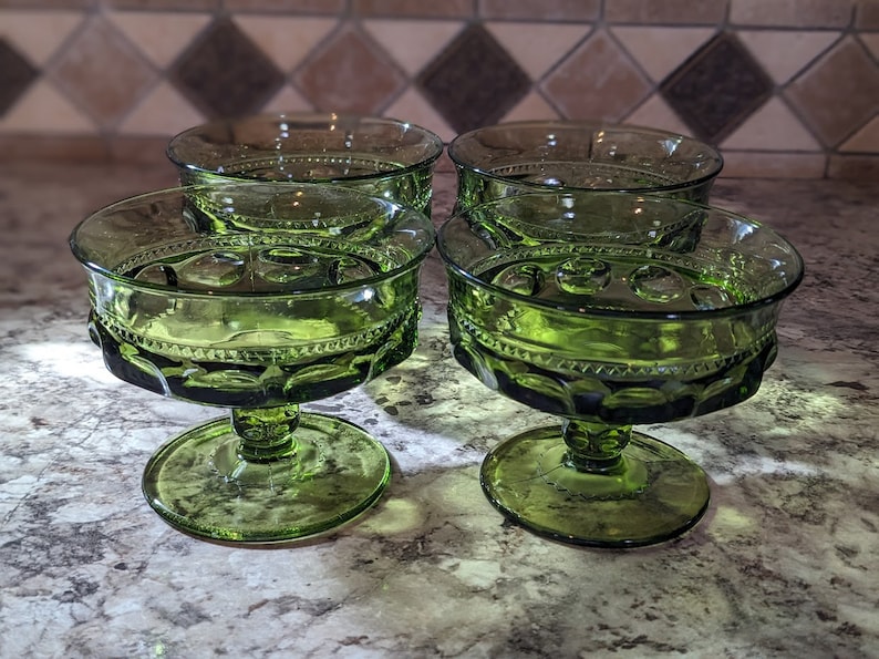Indiana Glass King's Crown Forest Green Thumbprint Footed Sherbet Dishes - Thumbnail 3
