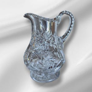 American Brilliant Hobstar or Pinwheel Cut Glass Lead Crystal Pitcher with Applied Handle