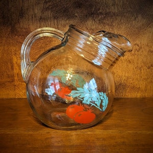 Vintage Anchor Hocking Mid Century Modern MCM Tomato Juice Ball Pitcher with Tomato and Green Leaf Decoration for Breakfast or Brunch
