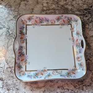 Hand painted Porcelain Square Floral Serving Platter with Soft Peach and Pink Rose Blossoms and Gold Trim ~ Bavaria