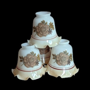 Vintage glockenförmige Glas Eitelkeit oder Leuchte Shades mit braunen Rosen und hellbraunen und braunen oder beige Streifen und gekräuseltem Rand ~ 4er-Set